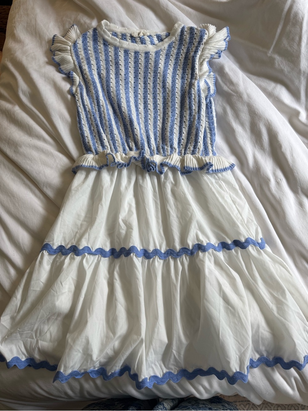 White and Blue Tiered Ruffle Dress